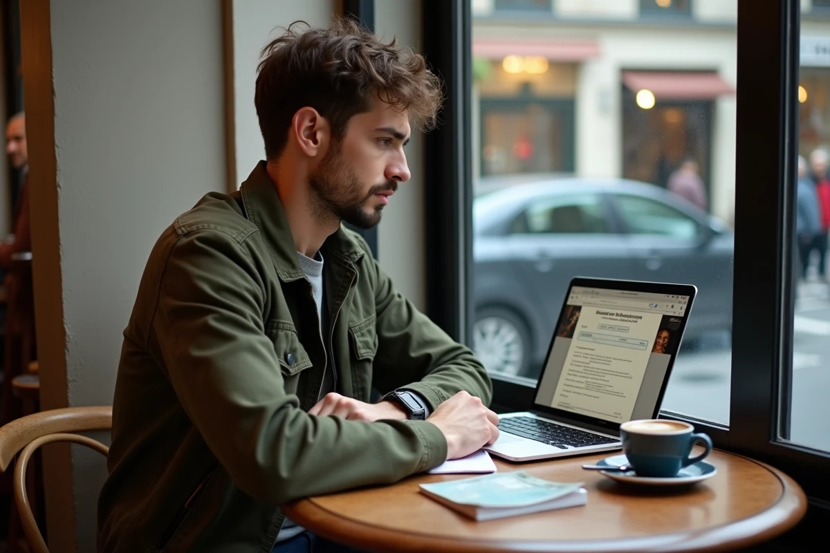 Jeune homme consultant sa déclaration fiscale en ligne dans un café parisien après un virement reçu de l'étranger
