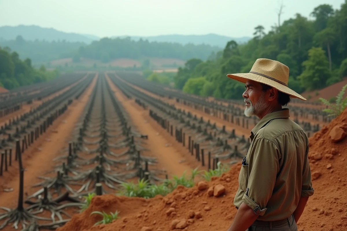 Agriculteur devant une zone de déforestation tropicale illustrant la destruction des forêts comme cause du réchauffement climatique