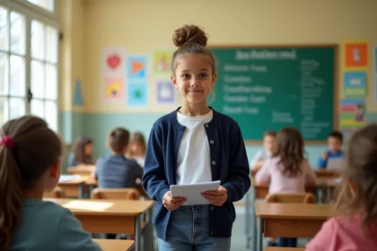 Jeune déléguée de classe en école primaire présentant ses idées devant ses camarades dans une salle de classe colorée