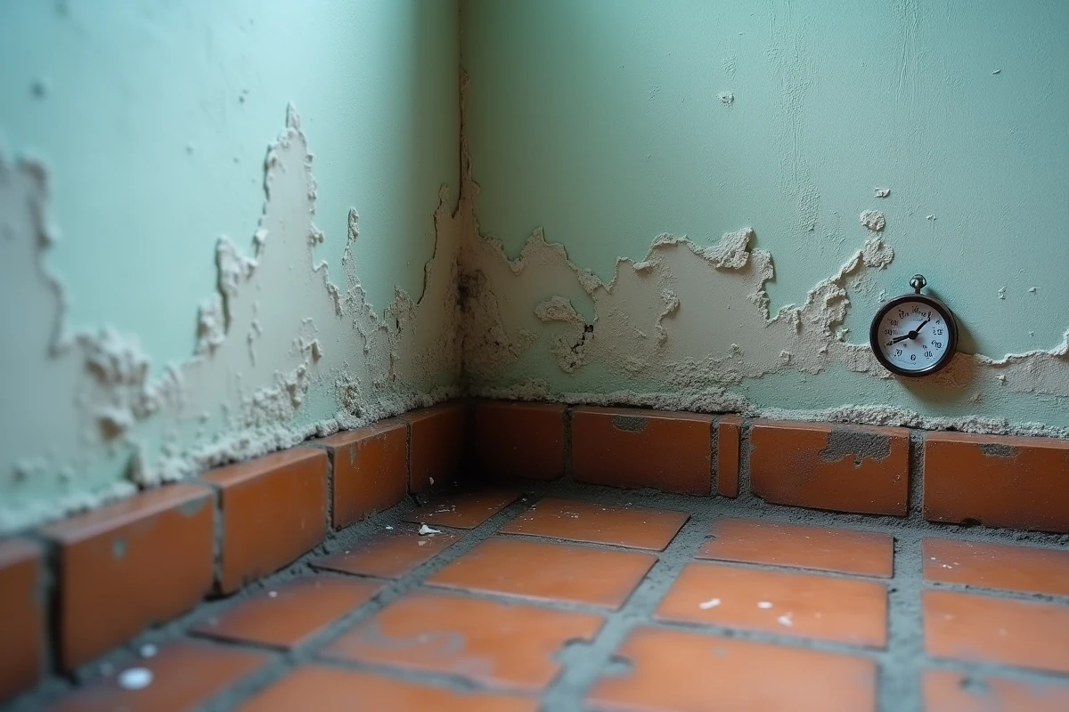 Détail d'un mur intérieur froid avec condensation et début de moisissures près du sol