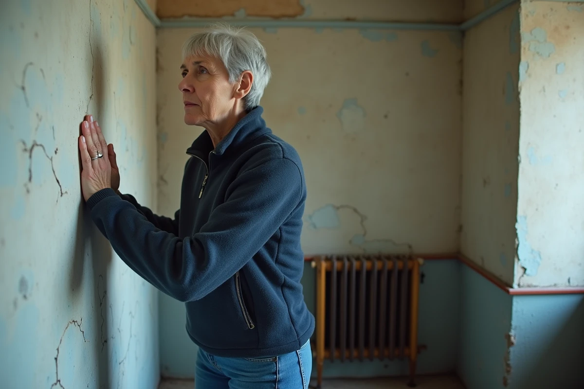 Femme touchant un mur intérieur froid d'une maison ancienne pour détecter une mauvaise isolation thermique