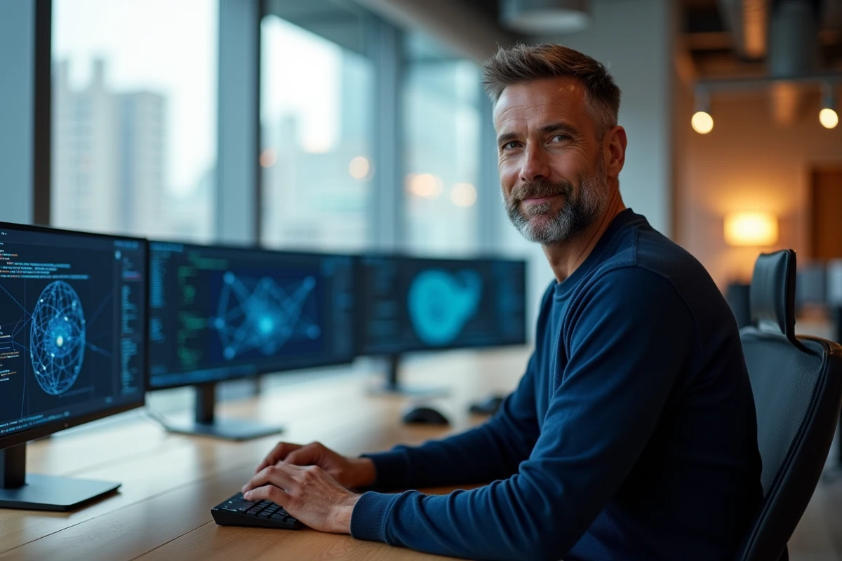 Développeur dans un bureau moderne entouré d'écrans de données symbolisant l'intelligence artificielle et la prochaine révolution technologique