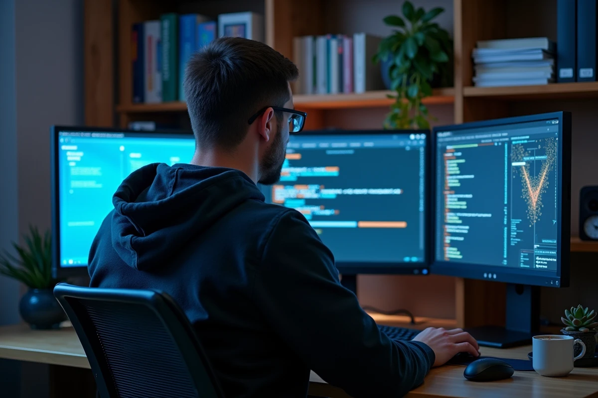 Développeur travaillant sur du code blockchain open-source dans un bureau à domicile avec plusieurs écrans