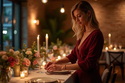 Femme élégante dressant une table romantique pour deux dans un appartement moderne aux murs en brique