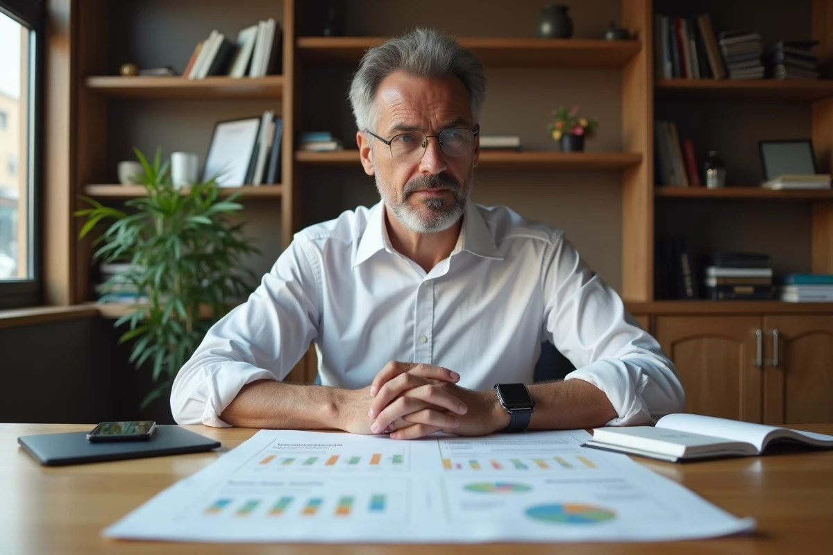 Dirigeant d'entreprise analysant une feuille de route stratégique à son bureau