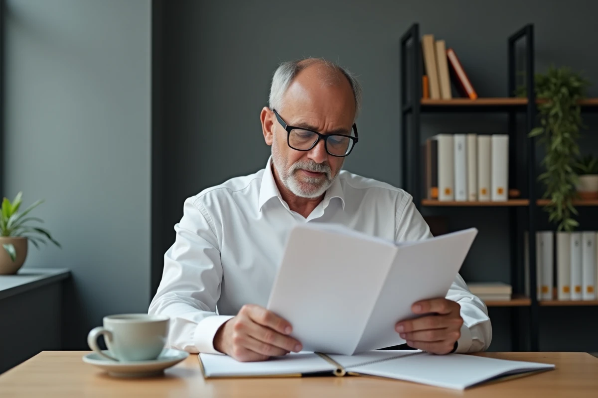 Homme d'affaires lisant attentivement une réglementation ESG dans un bureau privé calme avec des livres juridiques en arrière-plan