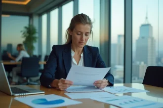 Femme dirigeante en blazer marine analysant des documents ESG dans une salle de réunion d'entreprise moderne avec vue sur la ville