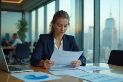 Femme dirigeante en blazer marine analysant des documents ESG dans une salle de réunion d'entreprise moderne avec vue sur la ville