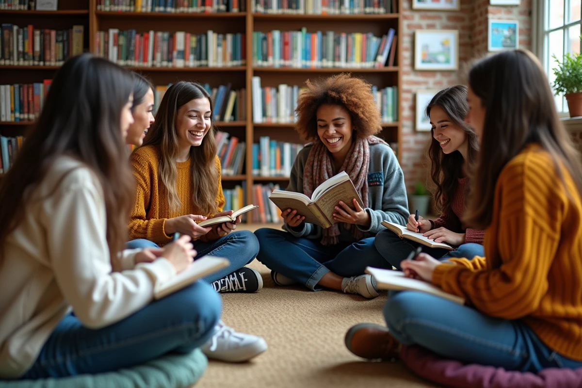 Groupe de jeunes adultes en discussion culturelle dans une bibliothèque communautaire, partage de connaissances et diversité culturelle