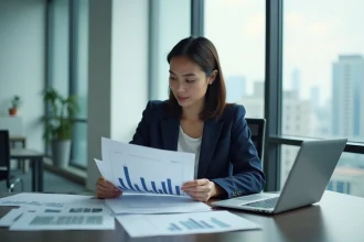 Professionnelle en finance analysant des graphiques financiers dans un bureau moderne avec vue sur la ville