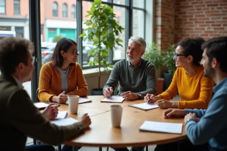 Groupe de personnes de cultures différentes réunies autour d'une table pour discuter de durabilité sociale et éthique