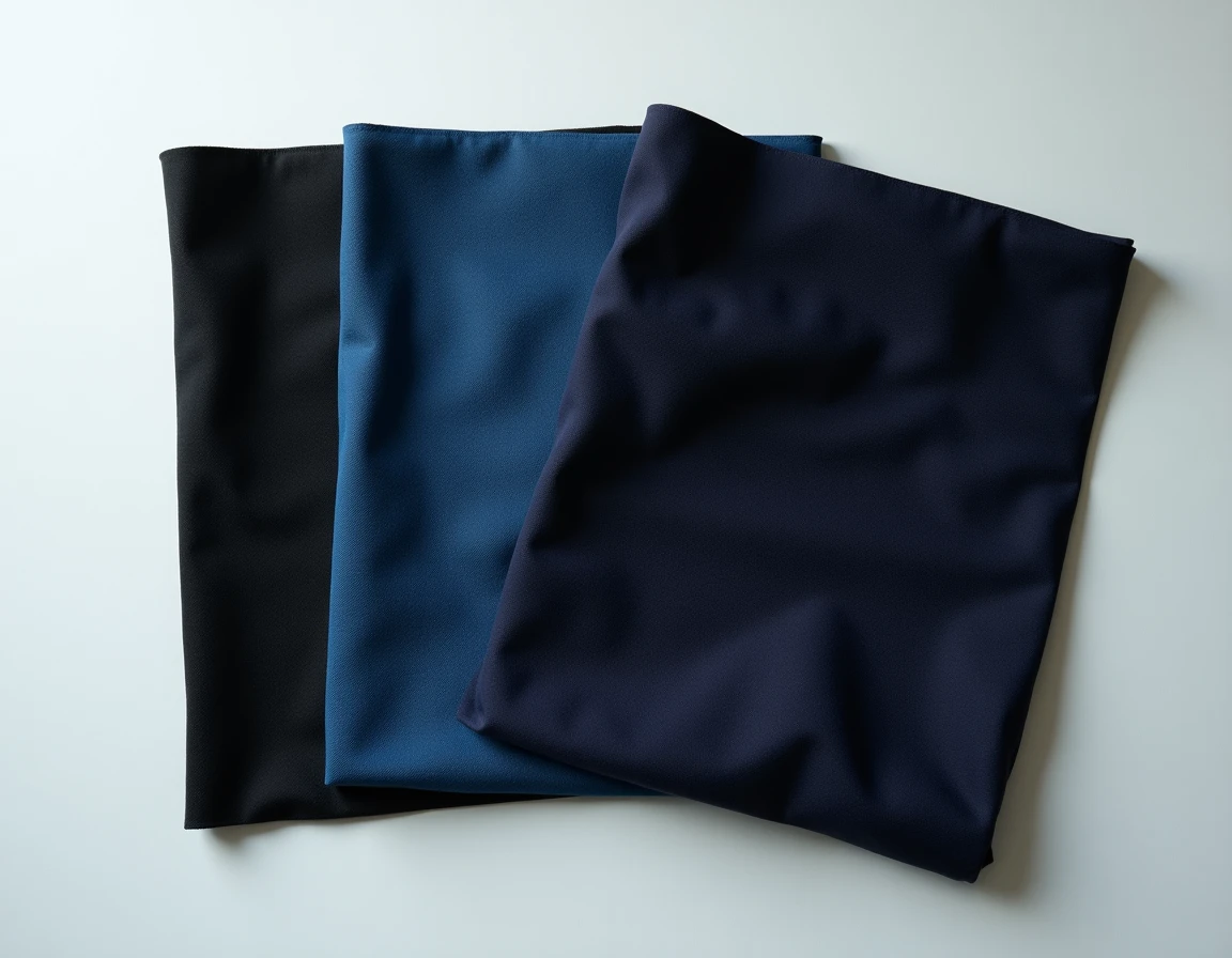 Échantillons de tissus noir, noir bleuté et bleu-noir côte à côte