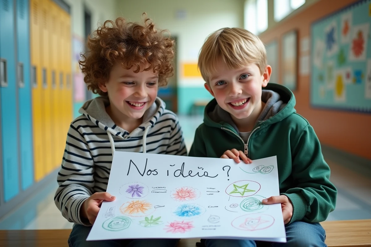 Deux élèves de primaire préparant ensemble leurs propositions de délégué de classe dans un couloir d'école
