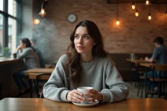 Femme pensive dans un café reflétant l'influence des émotions sur la prise de décision