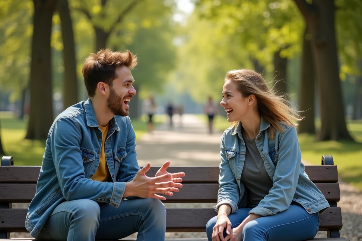Deux jeunes adultes en conversation expressive dans un parc montrant l'influence des émotions sur les comportements sociaux