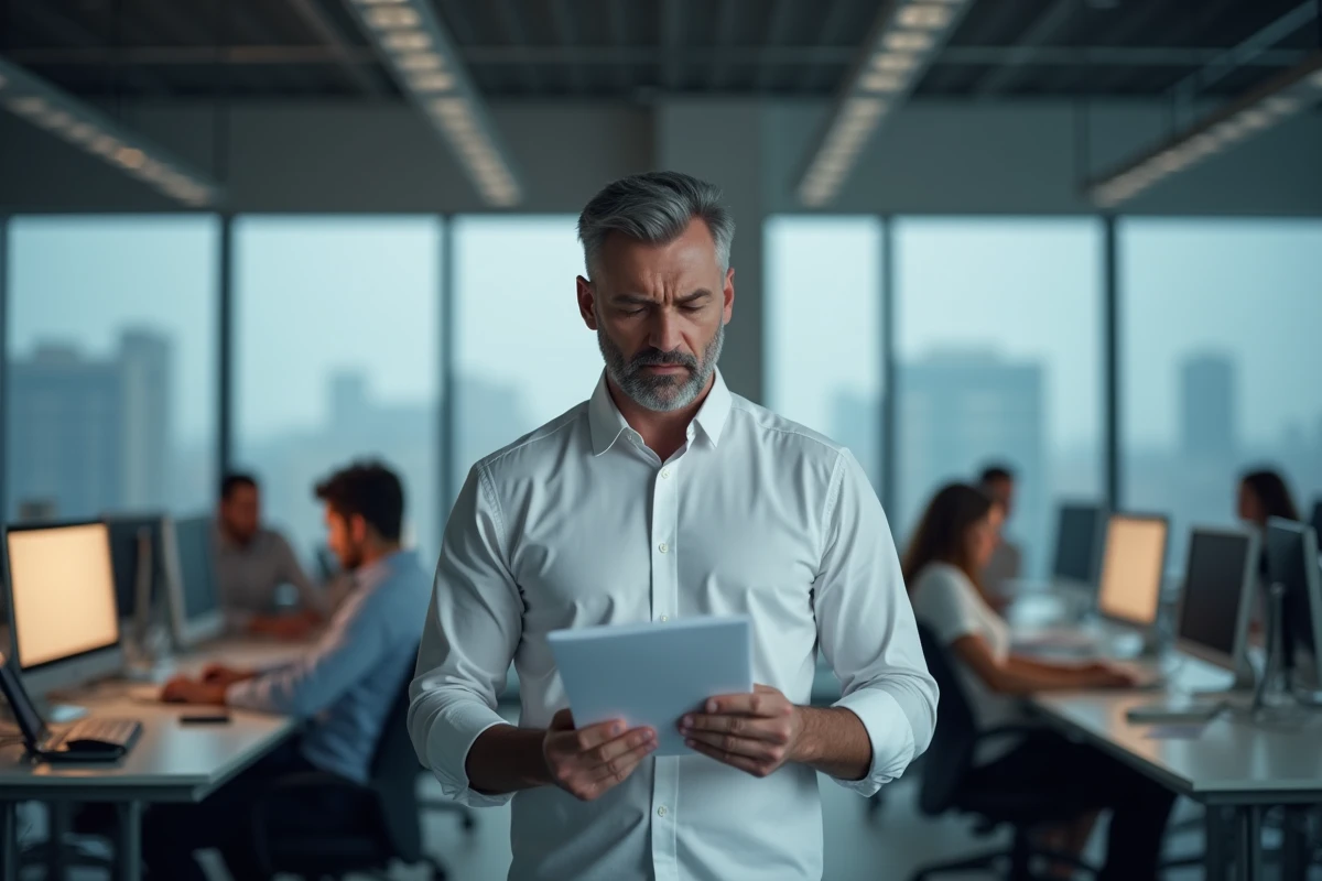 Homme stressé au bureau illustrant l'impact des émotions négatives sur le comportement professionnel