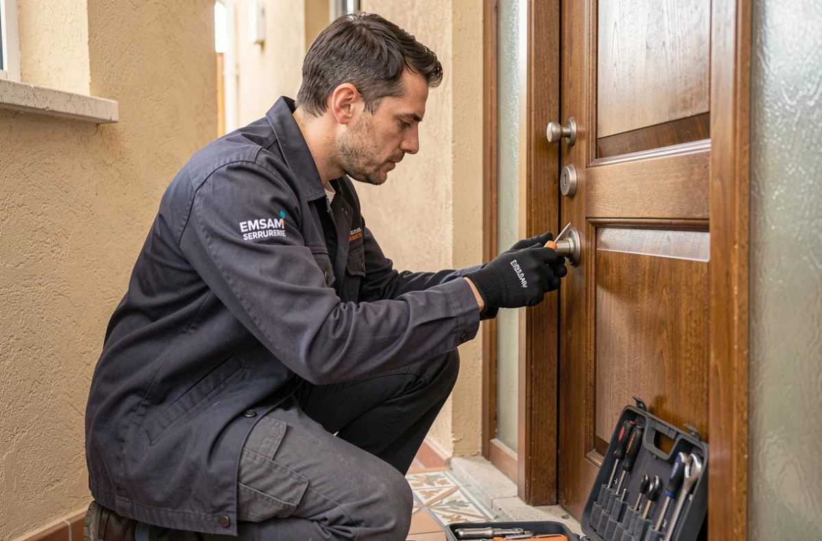 Technicien Emsam Serrurerie inspectant un cylindre de serrurerie sécurisée sur une porte d'appartement à Nice