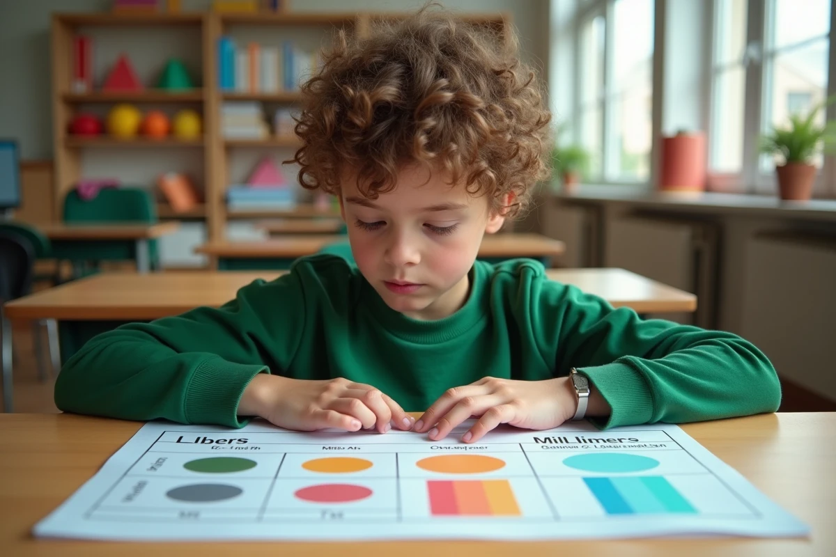 Enfant étudiant un tableau de conversion des litres adapté à la dyscalculie sur un bureau en bois en classe