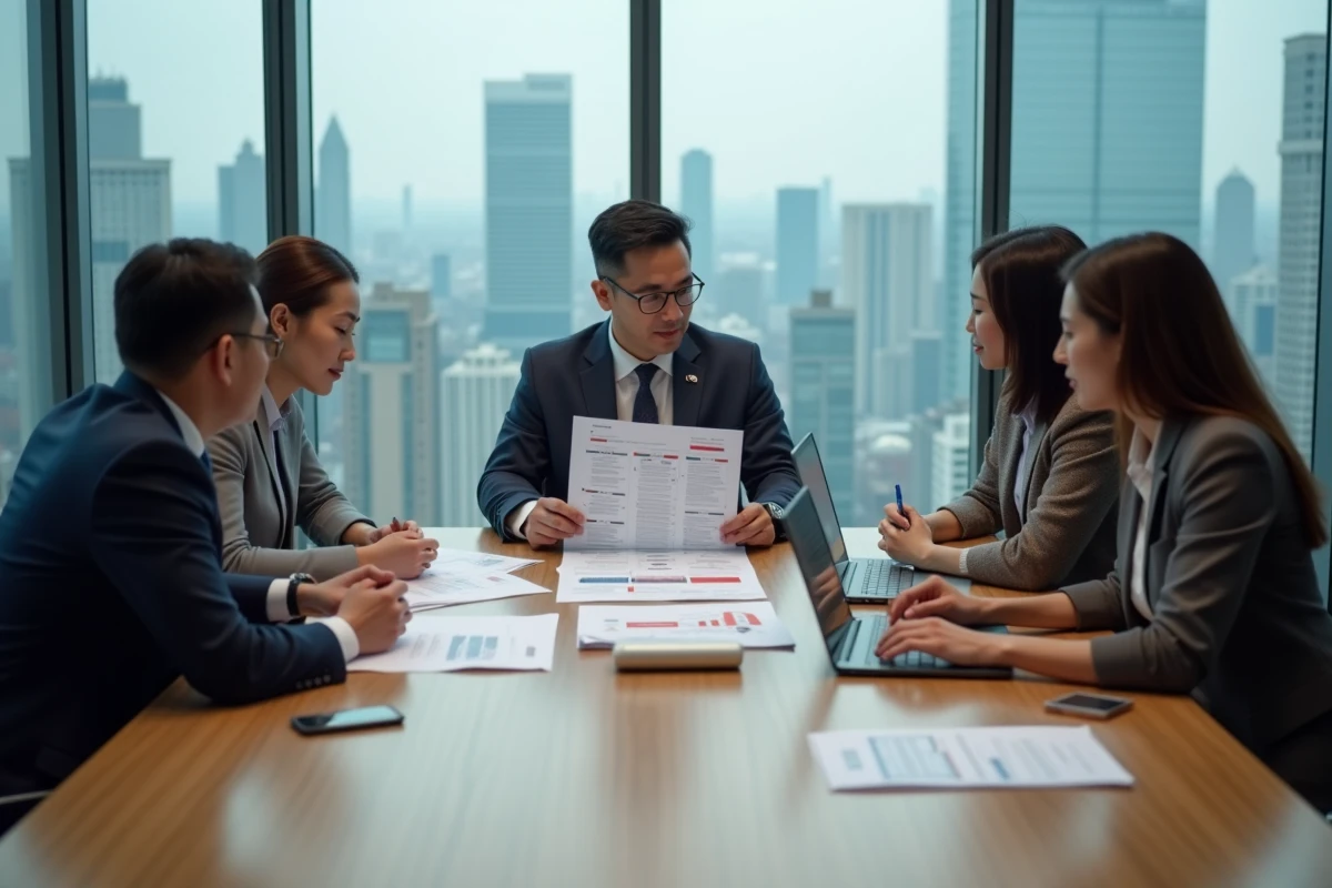 Équipe de professionnels analysant un plan stratégique autour d'une table de conférence