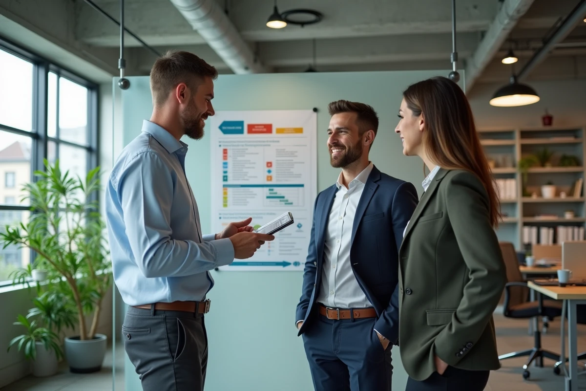 Groupe de professionnels discutant d'un cadre de reporting ESG dans un bureau moderne en open space