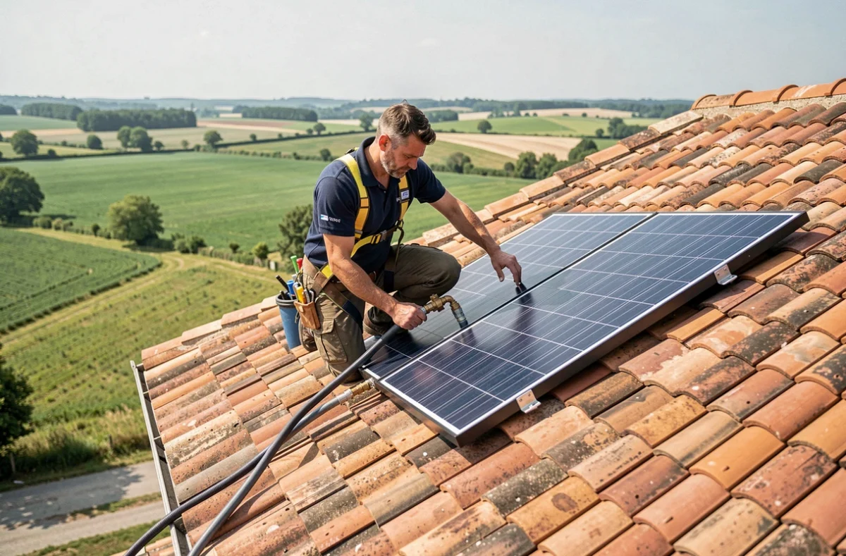 Technicien d'Ets Heliosolis installant des panneaux solaires thermiques sur un toit en Indre-et-Loire
