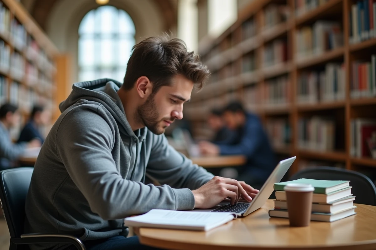 Étudiant consultant son plan de remboursement de prêt sur tablette dans une bibliothèque universitaire