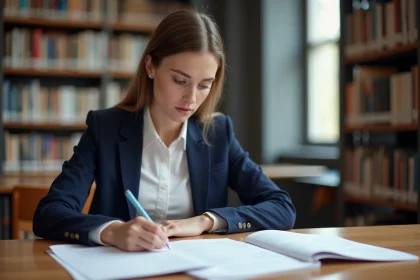 Étudiante universitaire consultant des documents académiques dans une bibliothèque moderne, illustrant le système LMD