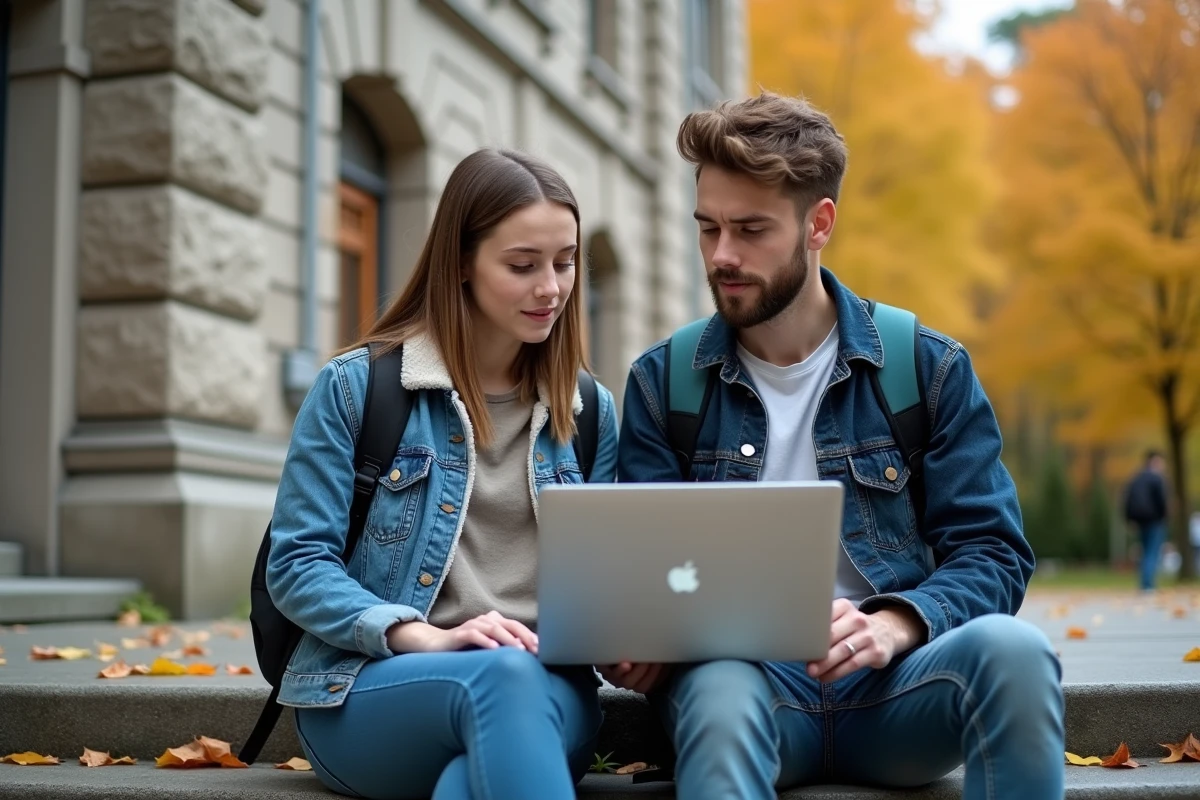 Deux étudiants consultant un programme universitaire sur un ordinateur portable devant un campus, symbolisant les choix liés au système LMD