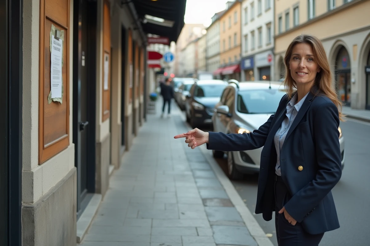 Fonctionnaire de l'urbanisme signalant une extension illégale sur une façade commerciale en zone urbaine