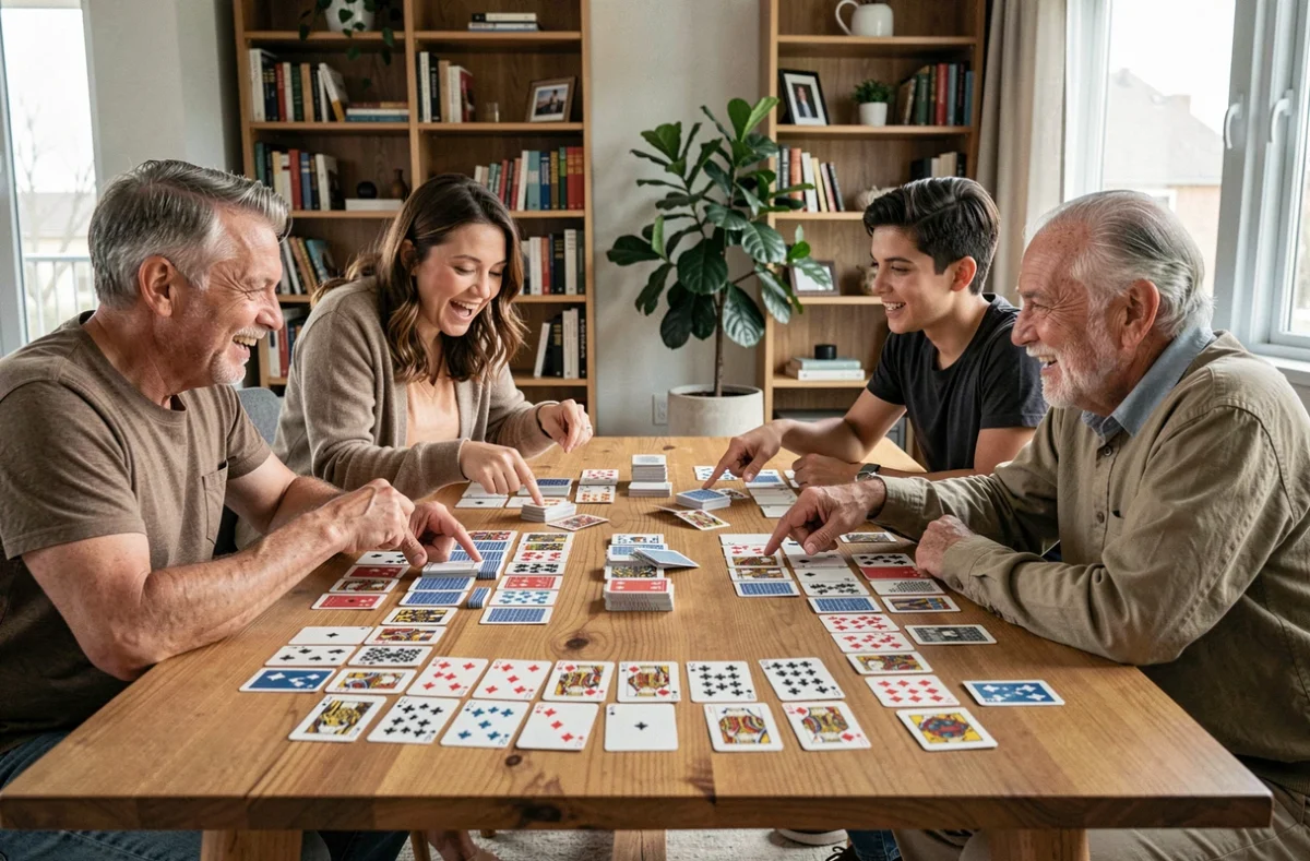 Une famille multigénérationnelle joue à la crapette autour d'une grande table, discutant des règles adaptées à chaque âge