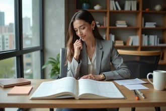 Femme professionnelle analysant ses indicateurs de productivité sur un planning papier dans un bureau moderne