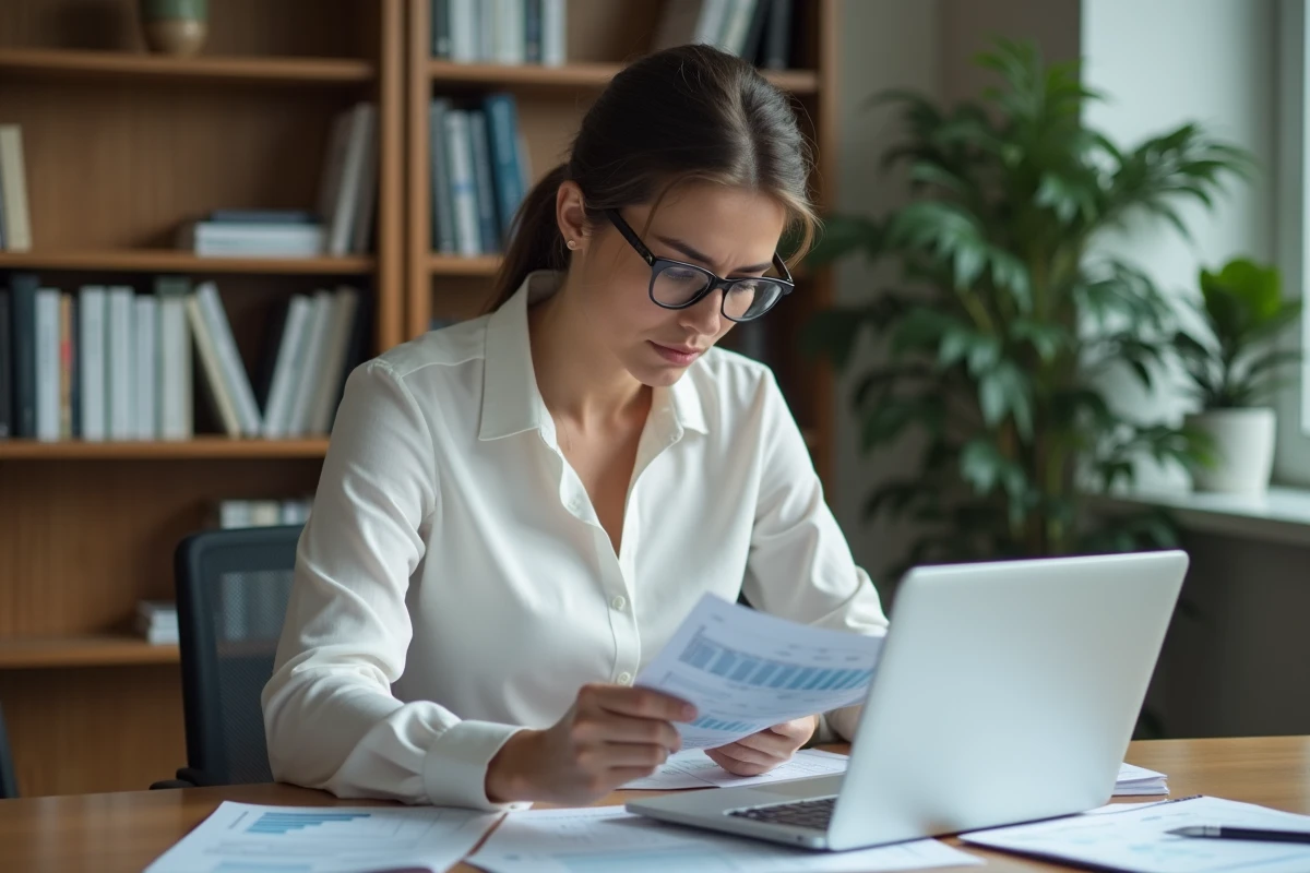 Femme analyste étudiant des prospectus de fonds d'investissement à son bureau