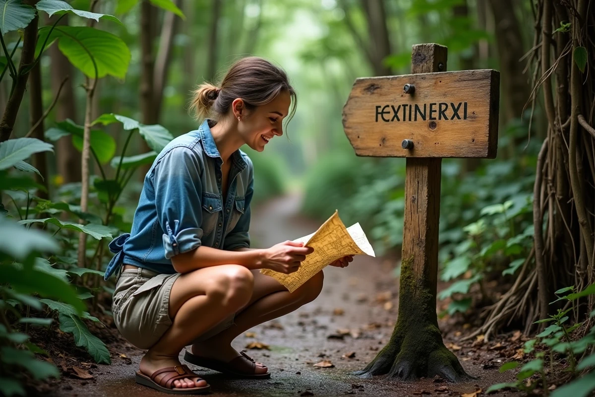 Femme aventurière accroupie à un carrefour de sentier en forêt tropicale, consultant une carte papier, esprit d'exploration et curiosité