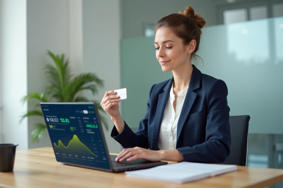 Femme d'affaires analysant un tableau de bord bancaire numérique sur ordinateur portable, symbolisant la gestion de la monnaie numérique au bureau