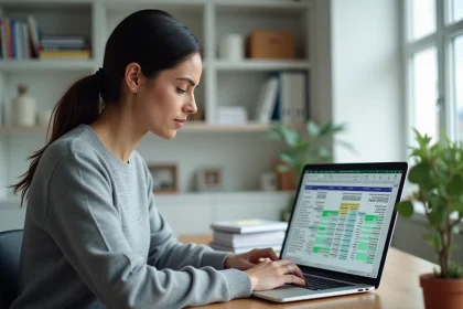 Femme travaillant sur Excel pour calculer le nombre de jours entre deux dates sur un ordinateur portable dans un bureau à domicile