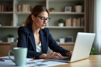 Femme professionnelle consultant un site web immobilier sur un ordinateur portable dans un bureau à domicile