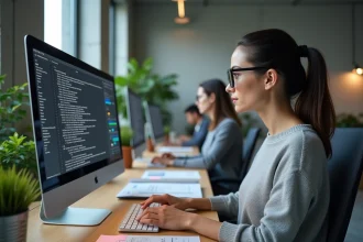 Une femme développeuse analyse les sorties textuelles d'un grand modèle de langage (LLM) sur son écran dans un bureau tech moderne