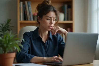 Femme victime de discrimination en ligne consultant le site infos-discriminations.fr sur son ordinateur portable à domicile