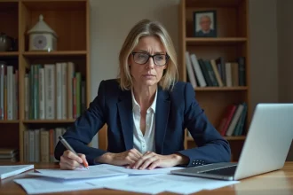 Femme consultant des documents fiscaux et relevés de virement international dans un bureau à domicile en France