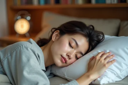 Femme endormie paisiblement dans un lit douillet illustrant le temps idéal de sommeil