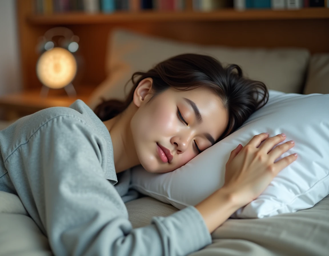 Femme endormie paisiblement dans un lit douillet illustrant le temps idéal de sommeil
