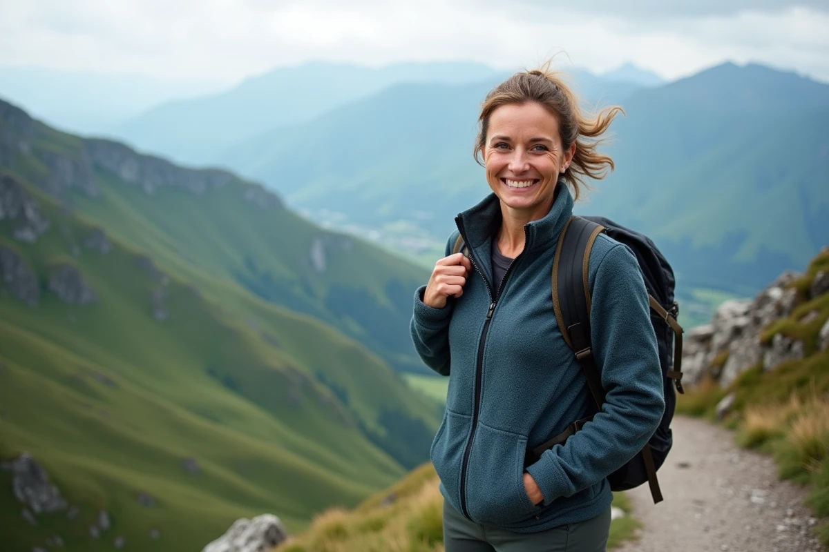 Femme épanouie en randonnée en montagne seule, sourire naturel face caméra avec paysage ouvert en arrière-plan