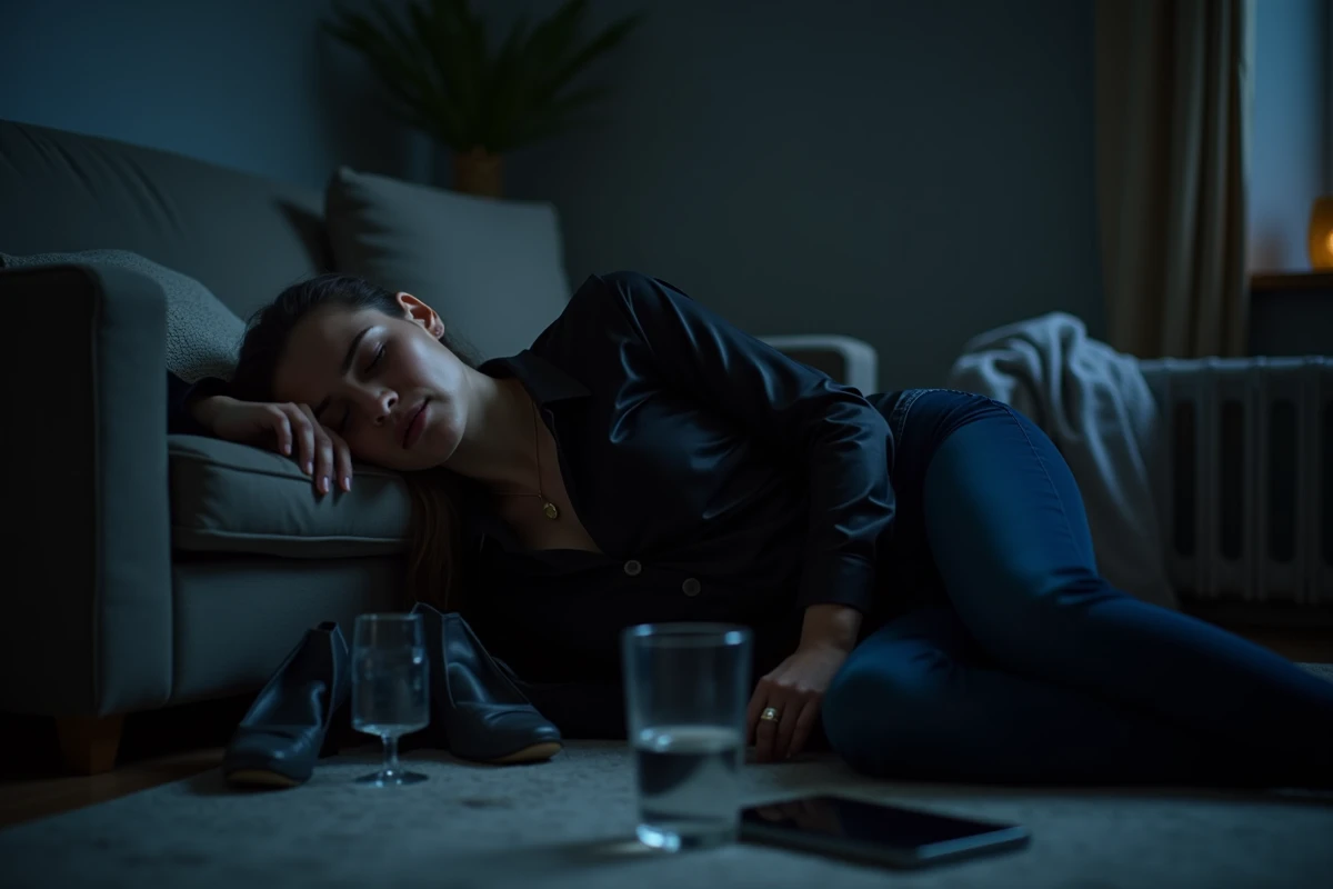 Femme épuisée allongée sur un canapé après une soirée, gueule de bois, entourée de verres et de vêtements froissés
