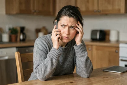 Femme frustrée au téléphone essayant de joindre un conseiller Pôle emploi depuis chez elle