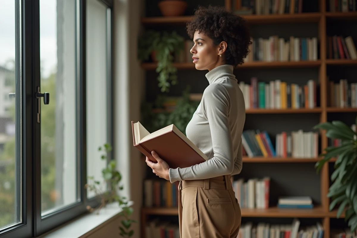 Femme indépendante dans la quarantaine dans son appartement moderne entourée de livres, posture réfléchie et autonome