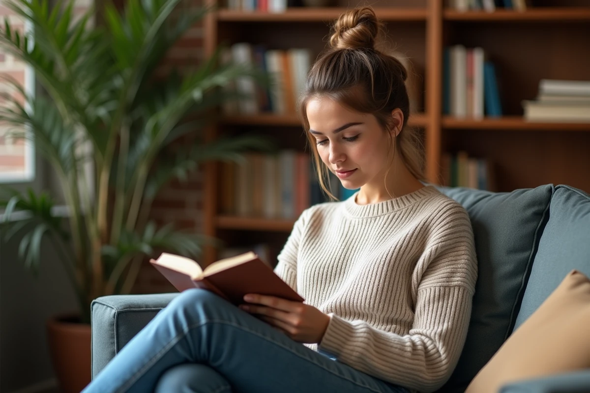 Femme indépendante et distante lisant un livre chez elle, illustrant le comportement d'une femme qui se fait désirer