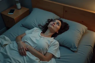 Femme allongée dans son lit la nuit, les yeux grands ouverts, souffrant d'insomnie et d'un sommeil non réparateur