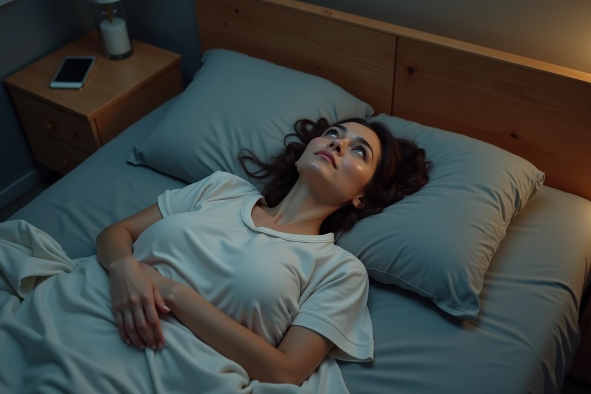 Femme allongée dans son lit la nuit, les yeux grands ouverts, souffrant d'insomnie et d'un sommeil non réparateur
