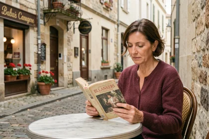Femme française lisant un roman policier cozy dans un café de village de province, ambiance automnale et authentique