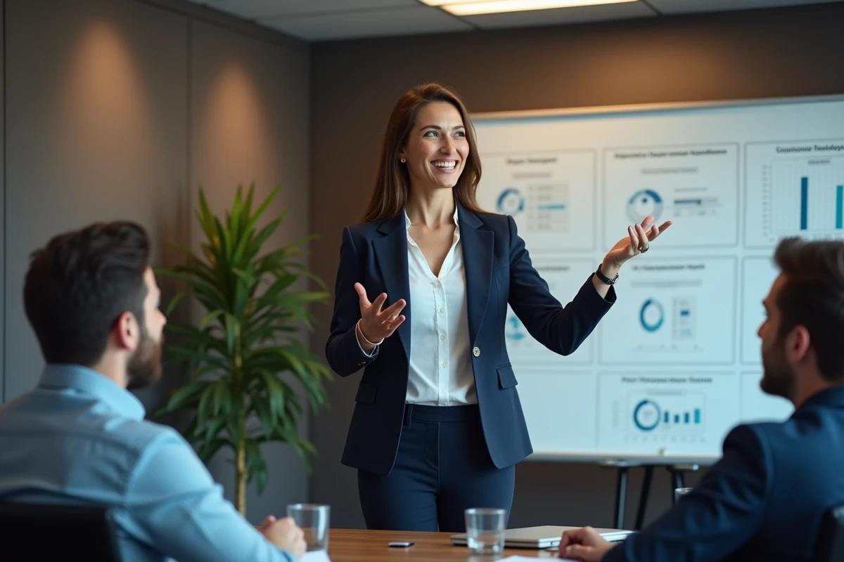 Femme manager présentant devant des collègues en réunion, symbole du leadership féminin et de l'égalité professionnelle